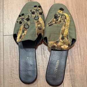 Olive Giraffe Embroidered Slide Mule